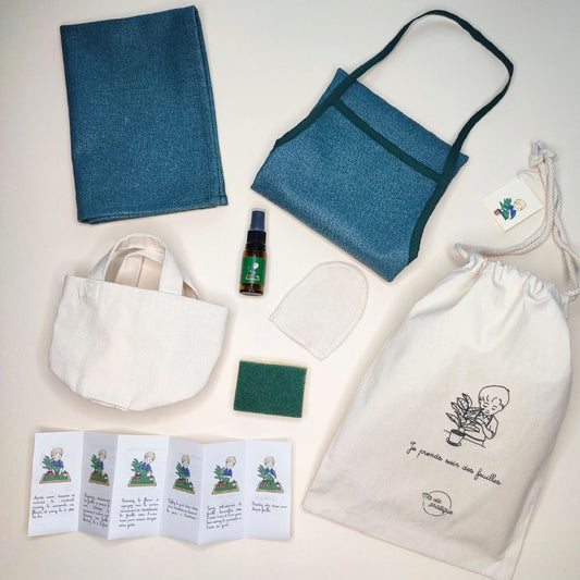 support activité montessori, tablier vert bouteille enfant, panier plantes, eponge enfant, flacon enfant, kit activité autonomie, présentation album montessori